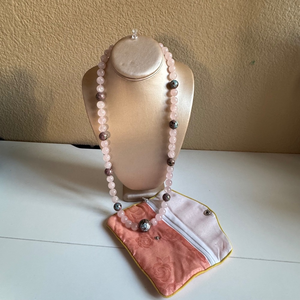 Vintage Rose Quartz Cloisonne Enamel Bead Necklace 14K Gold Filled Clasp 28"